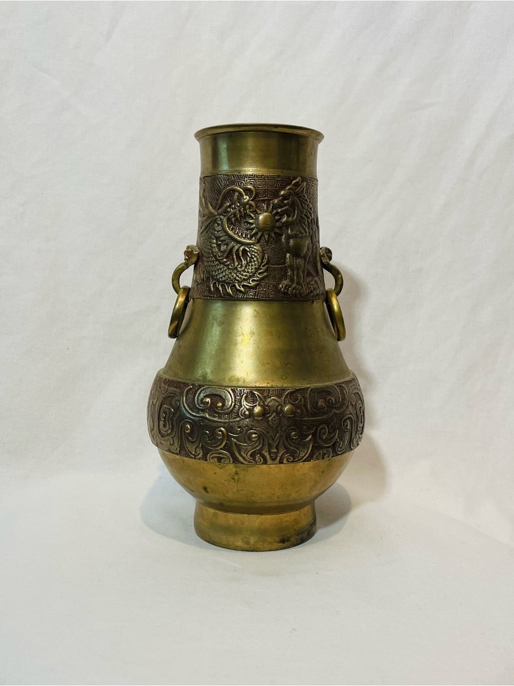 Vintage MCM 1960s Korean Brass Vase Dragons Foo Dogs W Double Handle